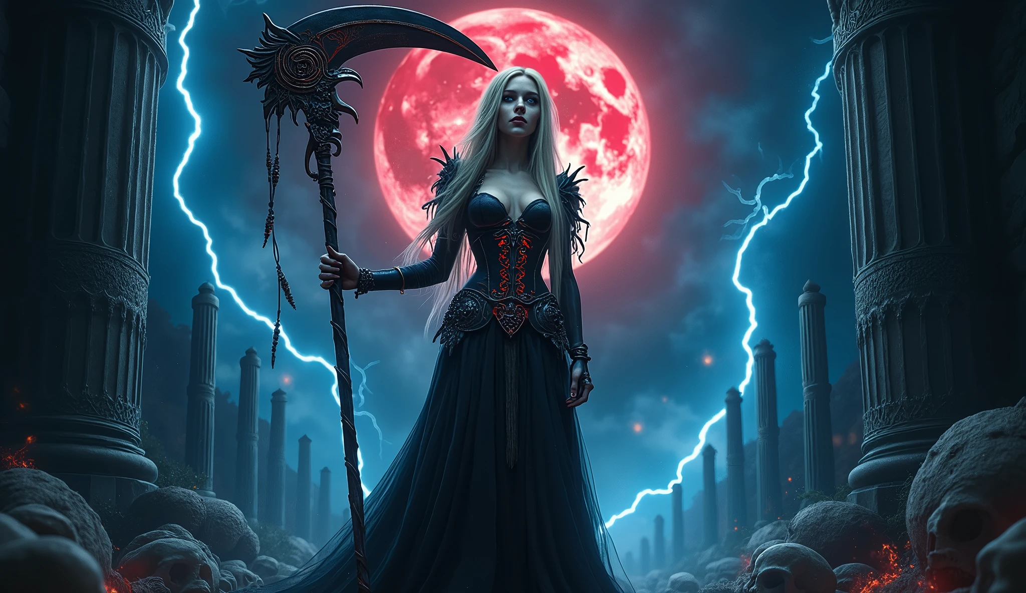 In this masterpiece, a stunning (sexy death goddess) stands at the center of the frame, radiating an aura of mystique and beauty. The ultra-detailed 4K image presents her in front of a (black pana vortex:1.3) framed by the (huge gates of the realm of the dead:1.3), in the center of a necropolis surrounded by a dark jungle. The pitch-black night is lit by a few blue lightning bolts and a blood-red moon. The volumetric lighting casts a warm glow on her porcelain skin, accentuating the intricate details of her (sexy bone armor). Her straight blonde hair is gorgeous, framing her charming smile and captivating cleavage. The mesmerizing atmosphere is punctuated by (blue thunderstorms and lightning) in the surreal dark sky, as if the heavens themselves are summoning her presence. The composition masterfully balances depth and complexity, drawing the viewer's eye to the perfect body, with its impeccable anatomy and tantalizing pose. (Charming smile), (Beautiful huge breasts:1.3), (Finely crafted black tiara), (Sexy bone armor), She holds a huge scythe covered in blood red runes in her hand. (Photorealistic), (Dark theme). (Eurasian girl:1.3). (Beautiful navel:1.3). (Her high-quality armor, composed of a black bikini and pieces decorated with skulls:1.3), (blue eyes)