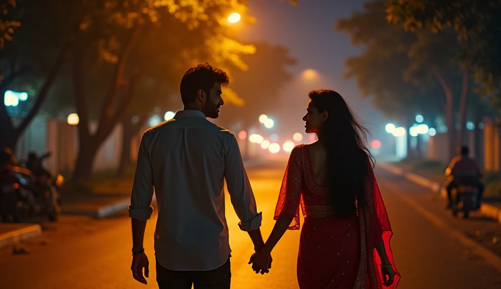 "Create a romantic nighttime scene set in a quiet part of Mumbai. Show Raj and Priya walking side by side under the stars. As their hands accidentally brush, they end up holding hands for the first time. Capture the expressions on their faces, showing a mix of surprise and happiness as they realize their growing feelings for each other. The background should include softly lit streets, with a hint of Mumbai's skyline visible, and the overall atmosphere should be warm, serene, and intimate."Realistic, intricate details, vibrant colours.
