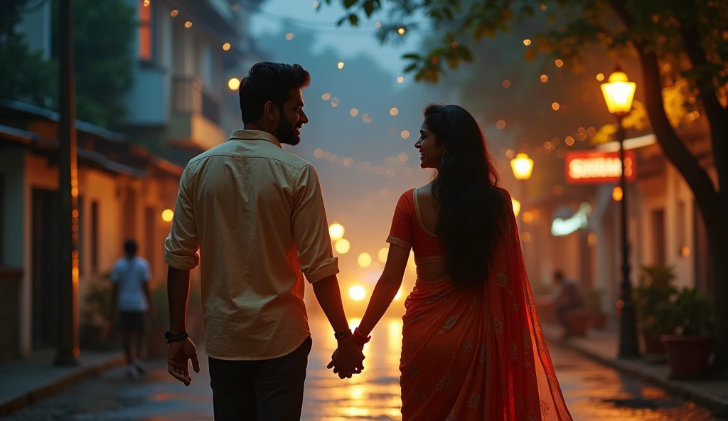 "Create a romantic nighttime scene set in a quiet part of Mumbai. Show Raj and Priya walking side by side under the stars. As their hands accidentally brush, they end up holding hands for the first time. Capture the expressions on their faces, showing a mix of surprise and happiness as they realize their growing feelings for each other. The background should include softly lit streets, with a hint of Mumbai's skyline visible, and the overall atmosphere should be warm, serene, and intimate."Realistic, intricate details, vibrant colours.