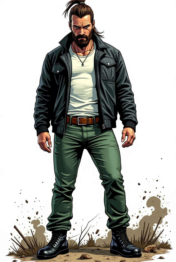 Create a comic book style drawing, bright coloured, high qualiy, a 35-year-old white man, 90 kilos, medium size, long dark brown hair tied in a ponytail, barba, black leather jacket, white undershirt, green jeans, Black boots, Apocalypse theme, drawing with perspective, Action scene, white background, fully body
