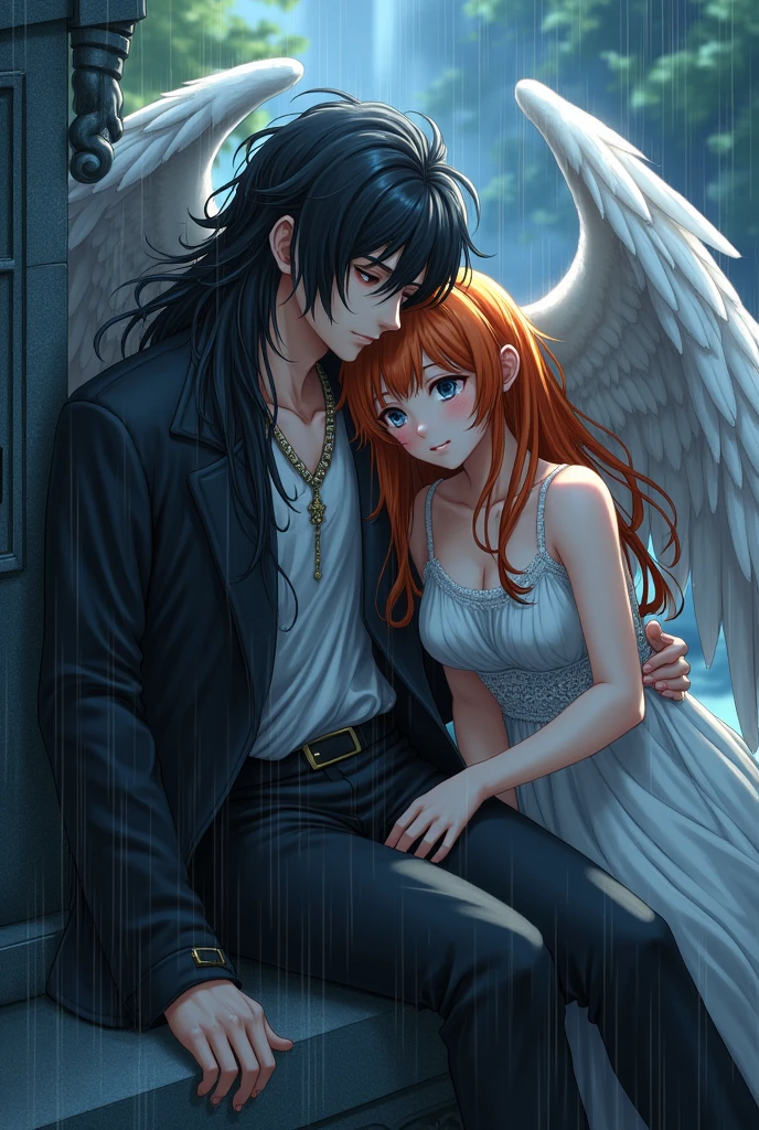 A guy with long black hair, gray eyes, Beautiful face, beautiful body, He sits leaning against a tombstone, It&#39;s raining, sad, a guy with orange hair and blue eyes next to him, Beautiful face, beautiful body, Angel wings, protects from rain with its wing, anime art, realistically, super detail, masterpiece