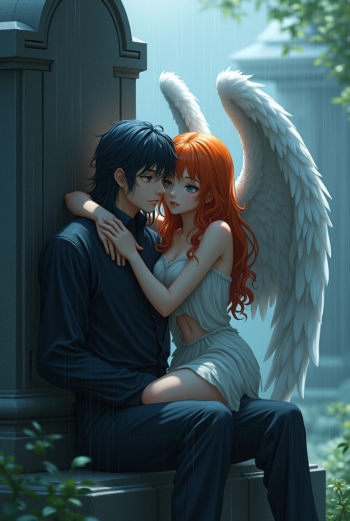 A guy with long black hair, gray eyes, Beautiful face, beautiful body, He sits leaning against a tombstone, It's raining, sad, a guy with orange hair and blue eyes next to him, Beautiful face, beautiful body, Angel wings, protects from rain with its wing, anime art, realistically, super detail, masterpiece