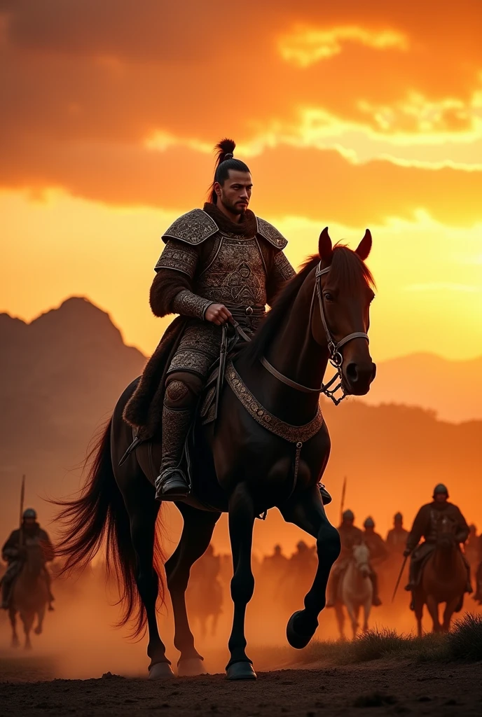 **Di bawah komando Genghis Khan**
    - **Prompt:** A majestic, cinematic portrait of Genghis Khan on horseback, commanding his troops. The scene is set during sunset, with the golden light casting long shadows. Khan’s figure is dominant, exuding authority and power as he surveys his vast army.