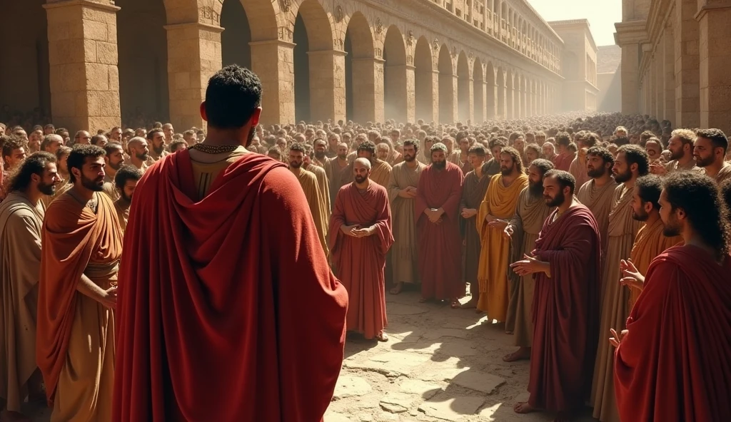 A scene of judgment with Pilate looking at the crowd, a group of religious leaders and the people clamoring for justice. The composition is chaotic, reflecting the tension of the moment.