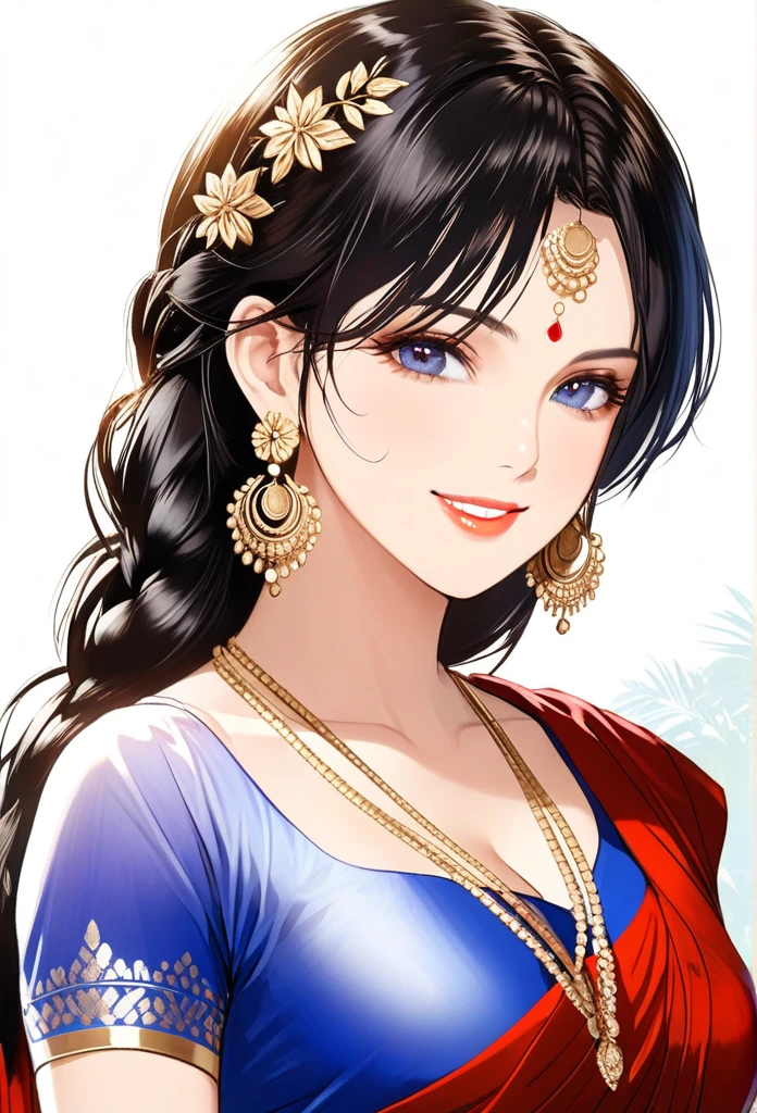 ((1woman, mature,single hair braid,saree, big long  jhumka earrings , detailed alluring eyes, smooth detailed lips, beautiful face, smiling ,red lipstick ,navel,bangles,blue ribbon, sagging breasts 