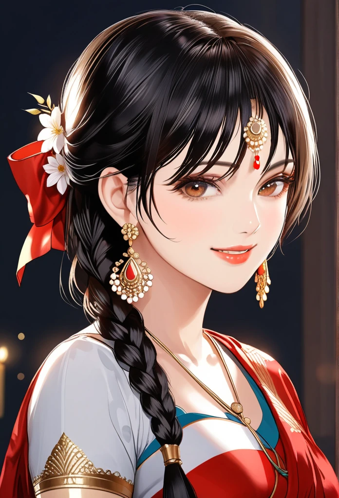 ((1woman, mature,single hair braid,saree, big long jhumka earrings , detailed alluring eyes, smooth detailed lips, beautiful face, smiling ,red lipstick ,navel,bangles,blue ribbon, sagging breasts