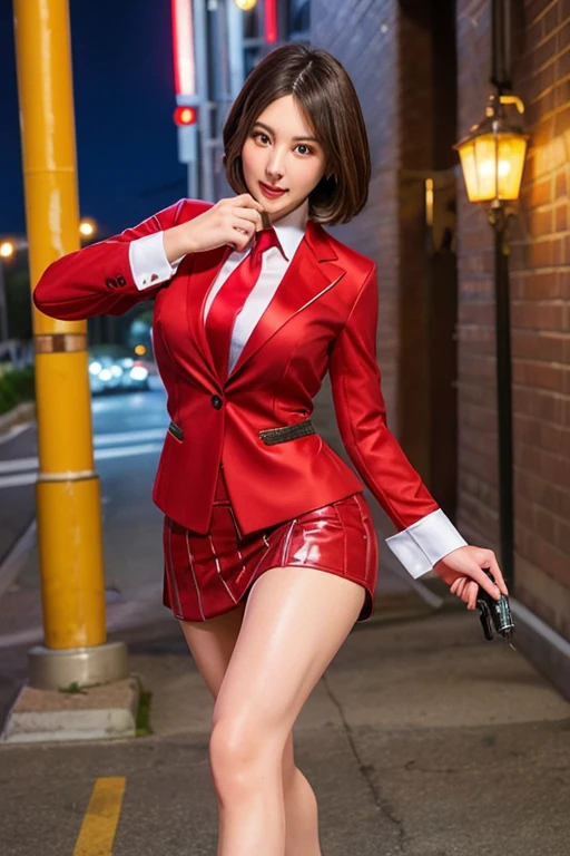 Highest quality,Ultra HD,8k,(Beautiful 30 year old Eurasian hitwoman), (Short bob silver hair 1.8), (Beautiful white skin), (Cool and sharp beauty), Red skirt suit 1.5, (((Three-piece suit))), (((Dress shirt))), (((Red tie))), Red blazer,(Thigh 1.2,Large Breasts), (((Red suit jacket))), Black shiny lapel, (((Bodycon mini skirt))), Tight Skirt, Barefoot 1.2,Cufflinks,((Red stiletto heels)), (Night city background), View from the front, Well-groomed and beautiful face 1.2, Dynamic pose, Ambient Lighting, Photographic realism, Intricate facial details, Exquisite handcrafted details, Very detailed, Vibrant colors, Cinematic, High resolution, Trendy style live on Artstation, Excited,(Holding a long-barreled revolver, not a pistol, in each hand, firing one at a time 1.3),Intense action scene fighting 1.3,Confident and focused expression,