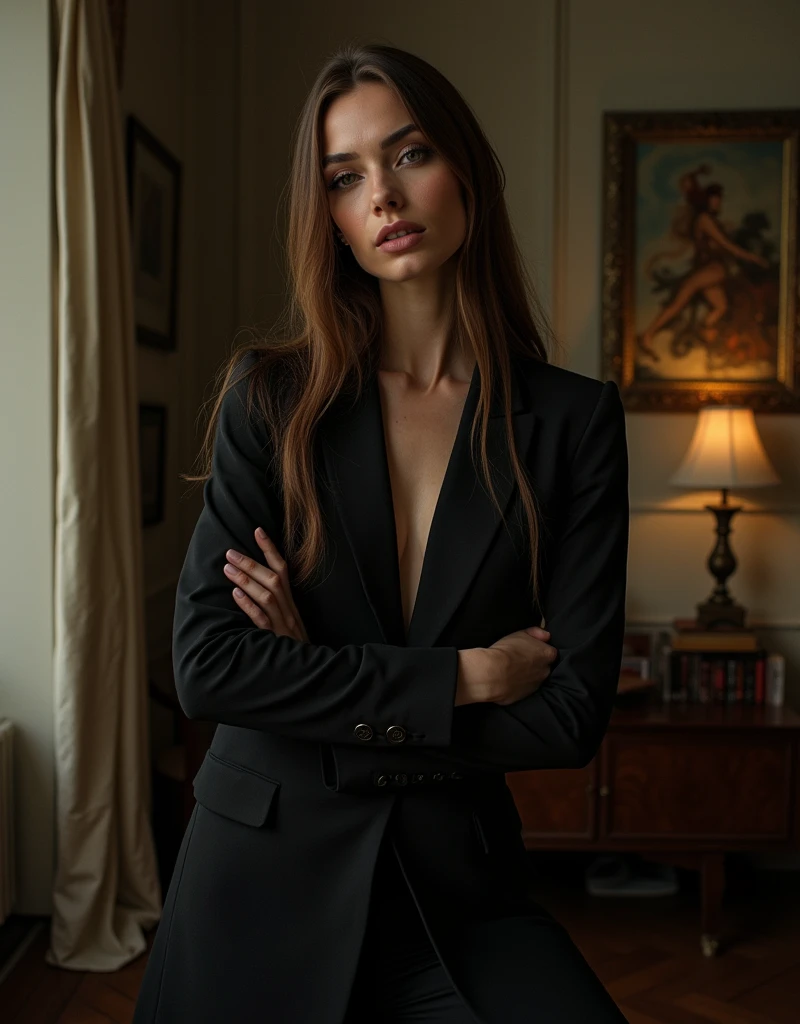female vogue model 35yo with pale skin, beautiful evil slavic muscular woman, pale skin, long light brown hair, sleek hair, strong make-up, pat mcgrath-style, wearing boris bidjan saberi, 1990s vogue-style, setting is an artsy, ad-magazine-style, style indoor environment dark and stunning, atmosphere is dim, dreamlike, dark ambiance.