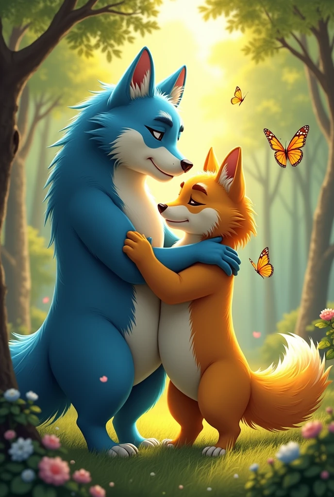 A furry gay couple, One has to be tall and the other short hugging each other, They have to be a furry couple like humans, both of them have to be wolves with human bodies.