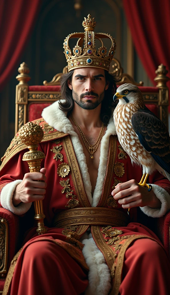 a powerful, handsome, and imposing emperor, with European features, and a serene and seductive countenance. wearing a crown, holding a scepter and sitting on a throne with a falcon.