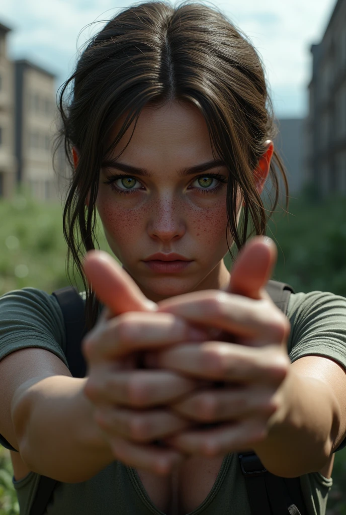Ellie Williams from The Last of Us Part 2, with hands full of bulging, thick veins.