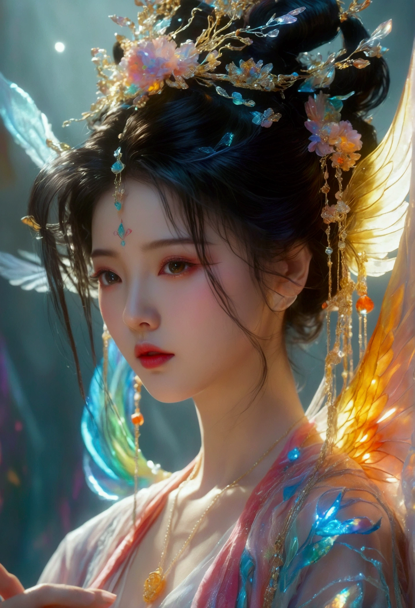 [Vision:1.0]，[Wide Angle:1.0]，Three-dimensional ancient style，Vibrant Chinese Aesthetics，Classical Girl with Angel Wings，Holding a cell phone in his hand，(whole body:1.4)，Vibrant colors，(Sparkling clothing)，Embraces Flashing Stone Texture，(semi-transparent crystal material shoes)，iridescent gradient fluorescent ribbons，Exquisite，Light Wave，Tradition，Exquisite，Perfect composition，Ultra HD，Surrealism，uhd，masterpiece，precise，Anatomically correct，Textured Skin，Super Detail，8k
