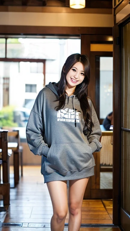 A Japanese milf, photo of one girl, Slender figure, Realistic teeth, wearing oversized hoodie, smile, full-body, masterpiece, best quality, detailed, beauty, Pub, indoor,