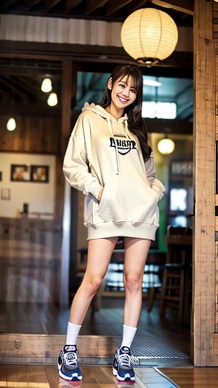 A Japanese milf, photo of one girl, Slender figure, Realistic teeth, wearing oversized hoodie, smile, full-body, masterpiece, best quality, detailed, beauty, Pub, indoor,