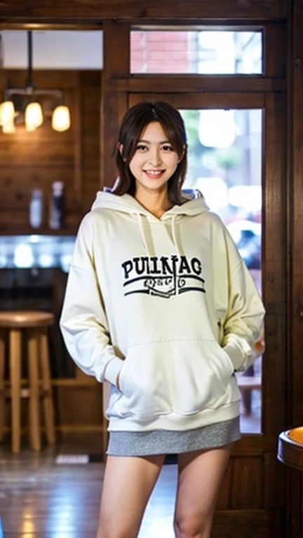 A Japanese milf, photo of one girl, Slender figure, Realistic teeth, wearing oversized hoodie, smile, full-body, masterpiece, best quality, detailed, beauty, Pub, indoor,