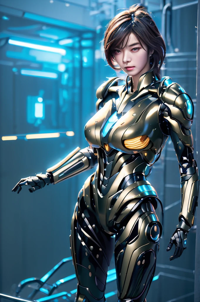 Highest quality, masterpiece, figure, (Realistic, photo-Realistic:1.37), wonderful, In detail, Incredibly absurd, Large file size, Very detailed, High resolution, Very detailed CG Unity 8k wallpaper, Very detailed目と顔, Ray Tracing, Browsing Caution, NUDE, One girl, Korean cyborg girl is innocent and young々Has a sly expression. She poses boldly with her arms raised above her head, Revealing her voluptuous figure. She is wearing a small black mecha armor top that barely covers her breasts., Exposing most of her flawless skin. Her shoulders and head have more armor detailing.、There are shining highlights, Tech Panels and Mechanisms. She is standing against a futuristic cityscape lit up with vibrant neon lights.、Standing full of energy。.
