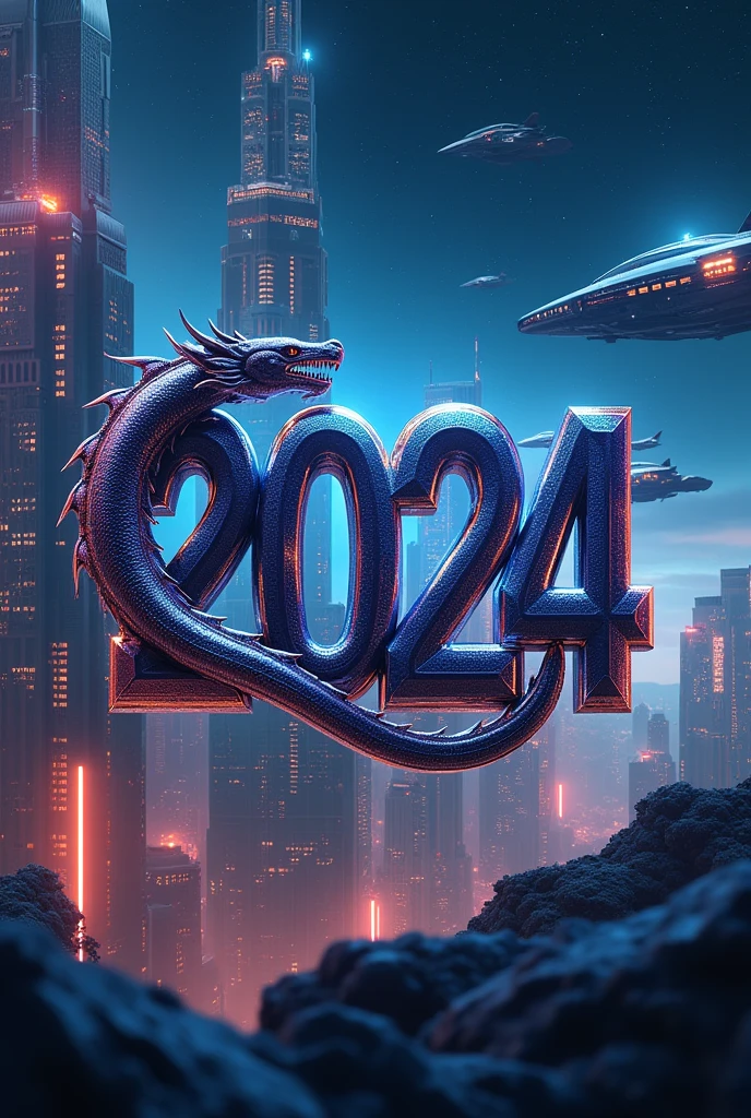 Draw a picture for the screen - **Year 2024**: Use the number “2024” as the center of the picture. You can draw the number in a modern and beautiful way, and you can decorate it with colors that convey a futuristic feeling, such as silver or dark blue. - **dragon**: dragonสามารถม้วนพันรอบตัวเลข “2024” หรือบินอยู่รอบๆ ตัวเลข dragonในภาพอาจมีลักษณะเป็นdragonที่มีดีไซน์ล้ำสมัยหรือมีแสงสะท้อนเพื่อให้ดูเหมือนมาจากfuture

- **future**: ใช้ธีมเทคโนโลยีและนวัตกรรม เช่น เมืองในfutureหรือภาพพื้นหลังที่แสดงถึงการพัฒนาเทคโนโลยี สามารถวาดฉากที่มีเทคโนโลยีขั้นสูง เช่น ยานอวกาศหรืออาคารล้ำสมัย

ภาพทั้งหมดสามารถรวมอยู่ในพื้นหลังที่ดูสว่างและทันสมัย เช่น พื้นหลังสีดำที่มีแสงดาวหรือรังสีที่ทำให้รู้สึกถึงการก้าวไปข้างหน้าในfuture