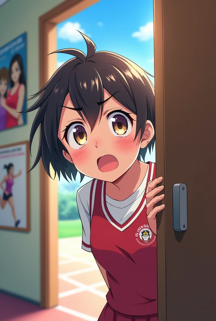 The tsundere of the track and field club was caught peeking into the bathroom.