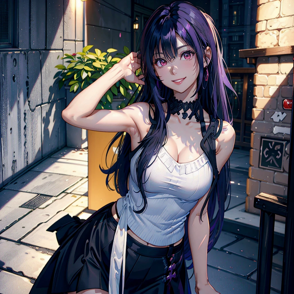 22 year old woman, long black hair with purple streaks and bangs, 2 collections, crimson red eyes, long purple nails, flirtatious smile, bright smile, mischievous smile, chest a little big, Full body shot, black overall skirt with white blouse and lace at the neckline, with their back to the camera, standing in a park at night , smiling face, HD, 4k, The best quality, full HD.