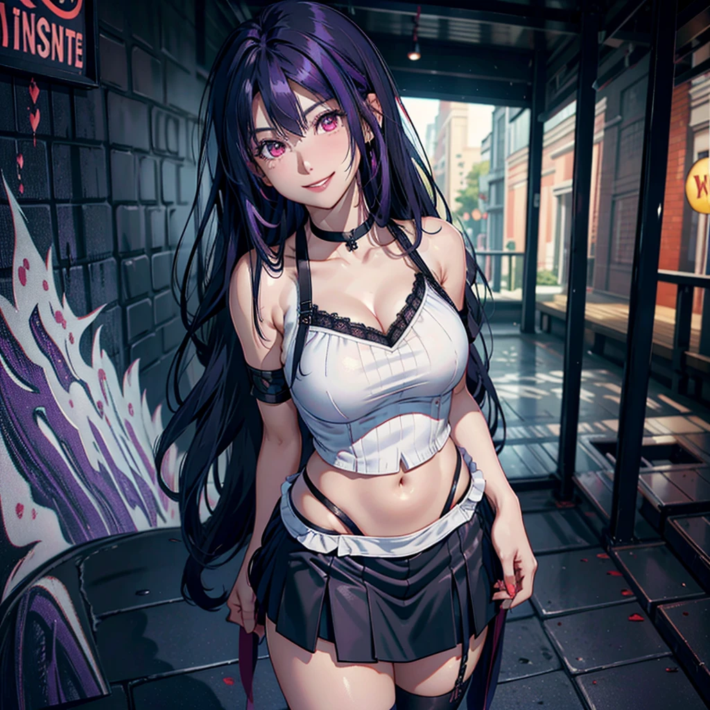 22 year old woman, long black hair with purple streaks and bangs, 2 collections, crimson red eyes, long purple nails, flirtatious smile, bright smile, mischievous smile, chest a little big, Full body shot, black overall skirt with white blouse and lace at the neckline, with their back to the camera, standing in a park at night , smiling face, HD, 4k, The best quality, full HD.