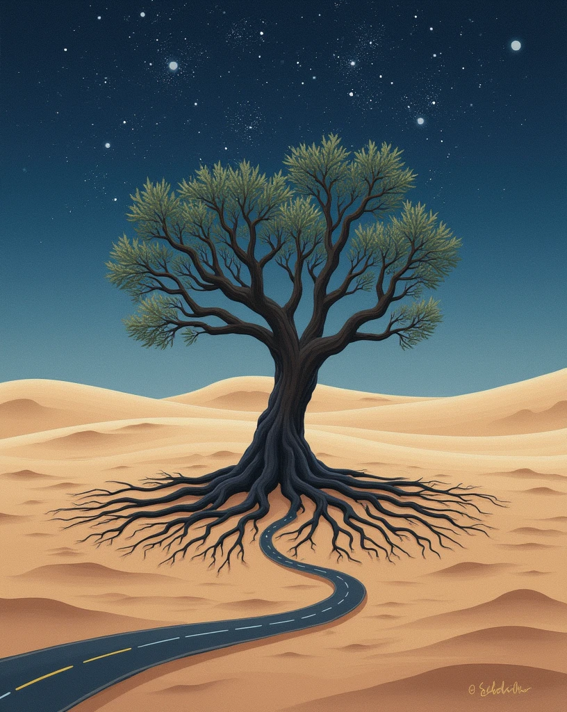 loneliness: A solitary tree in the middle of a desert, with roots that extend towards a starry sky and that has a road. Easy to paint