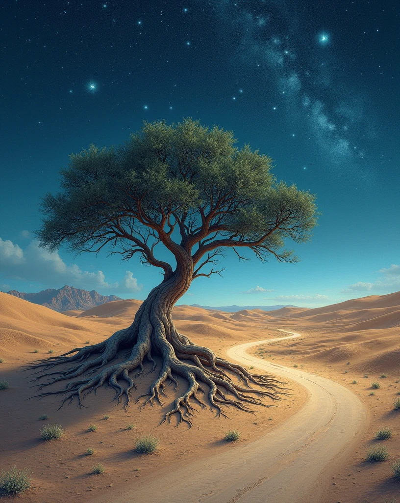 loneliness: A solitary tree in the middle of a desert, with roots that extend towards a starry sky and that has a road. Easy to paint