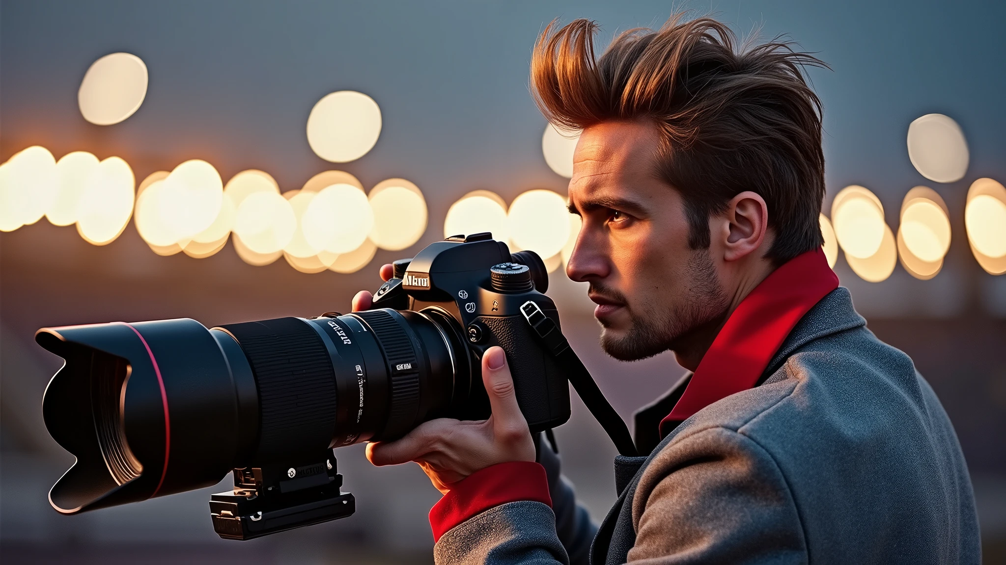 Profile portrait of a man in photography mode, fair complexion, hair styled upwards, holding black DSLR camera with extended lens, ready to capture a moment. He wears gray jacket with red collar, amidst blurred outdoor setting with hint of stadium lights and clear sky, capturing the essence of early morning or evening light.