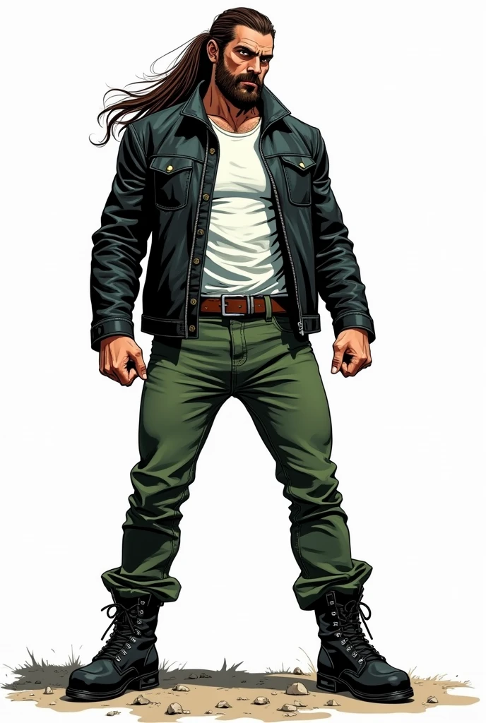 Create a comic book style drawing, bright coloured, high qualiy, a 35-year-old white man, 90 kilos, medium size, long dark brown hair tied in a ponytail, barba, black leather jacket, white undershirt, green jeans, Black boots, Apocalypse theme, drawing with perspective, Action scene, white background, fully body 