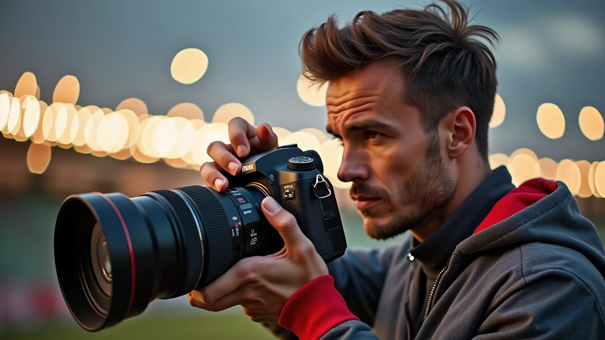 Profile portrait of a man in photography mode, fair complexion, hair styled upwards, holding black DSLR camera with extended lens, ready to capture a moment. He wears gray jacket with red collar, amidst blurred outdoor setting with hint of stadium lights and clear sky, capturing the essence of early morning or evening light.