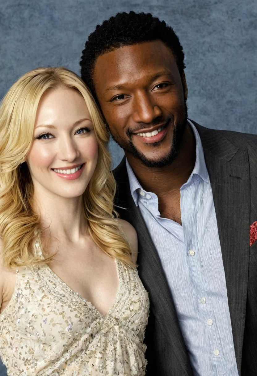 Aldis Hodge as Alec Hardison and Beth Riesgraf as Parker, both from the television series "Leverage", pose together for a photo. Both are smiling. Both are attired attractively but casually for a date. Beth has lovely makeup on her face. Daytime. Romantic ambiance. Symmetrical eyes. Symmetrical faces. Lovely details. Photorealistic. Full-colored photo. Professional photo. Highly detailed 8K.