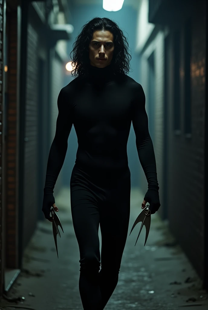 Create an image of a thin, male character with fair skin, long black wavy hair to his waist walking towards the camera in a dark setting wearing tight black clothes, with small throwing blades between his fingers