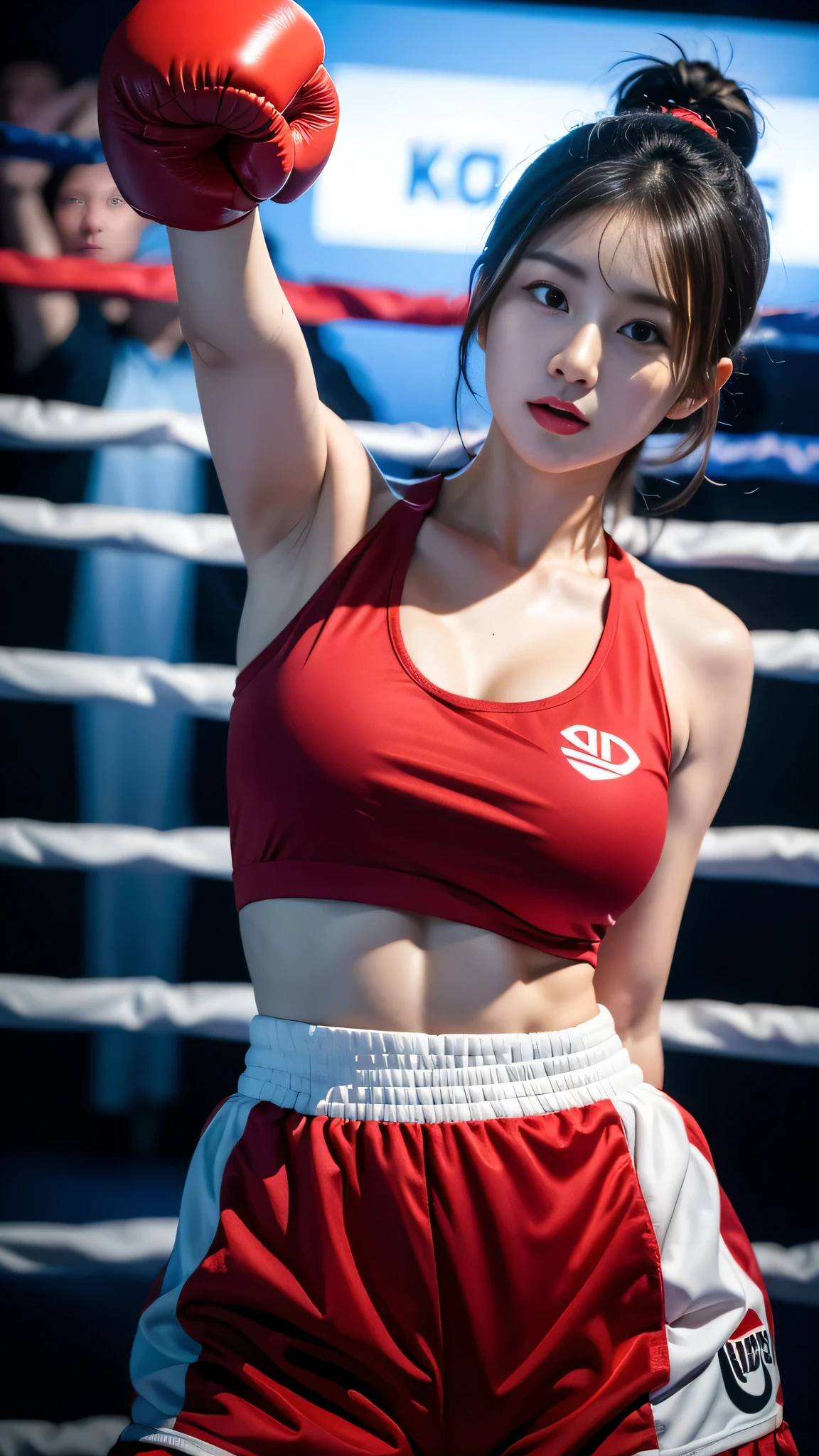 One beautiful Korean woman, a boxer, beautiful, fair-skinned, large breasts, wearing boxing attire. The background shows a lot of people cheering her on.