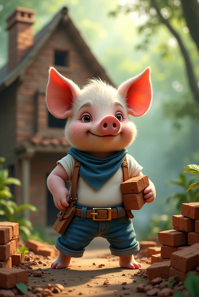 full-body side view illustration, (1male piglet:1.2), (determined expression:1.3), wearing a white t-shirt, blue jeans, and a blue bandana, (strong and hardworking:1.3), muscular build, (holding a stack of bricks in hand), (building a multi-storey proper house with chimney), surrounded by construction materials and tools, (realistic fur texture), (jungle background:1.4), standing in front of a half-constructed brick house with sturdy walls, sunlight filtering through the trees, (soft lighting:1.3), (green and earthy color scheme:1.3), (highly detailed), (ultra quality:1.3), (masterpiece), (digital art), 8K resolution, HDR, depth of field, (soft shadows), (photorealistic:1.3), (animation:1.2), (by Greg Rutkowski:0.9), (in the style of Alphonse Mucha), trending on ArtStation, award-winning art