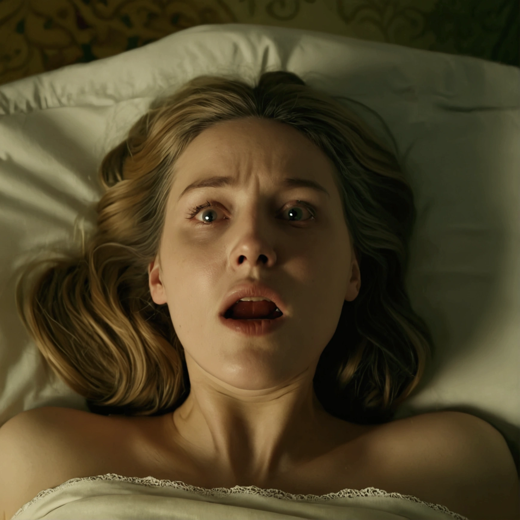 POV: Above a woman lying dead in bed, sprawled out, focusing on her face. Movie scene. She died of suffocation, with her eyes still open, fixed on the ceiling and her mouth half open.
