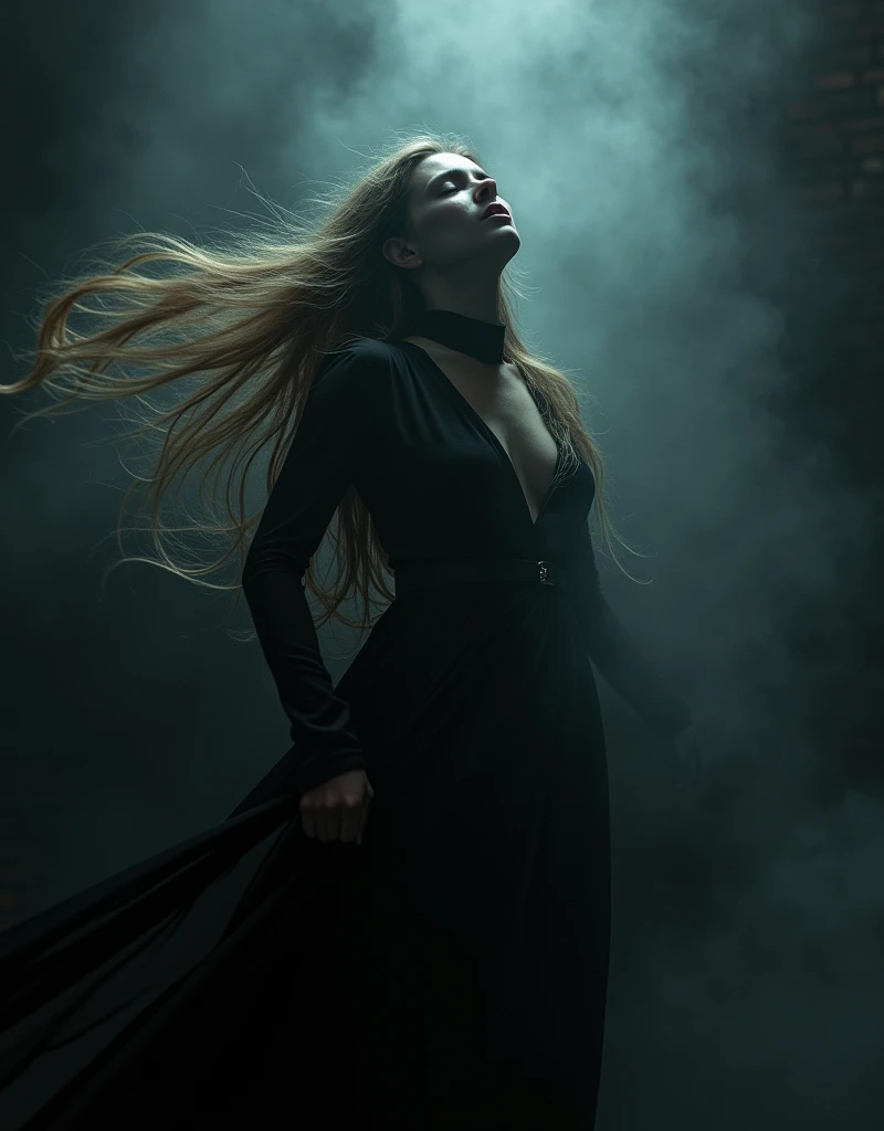 RAW Photo of Sports Evil Queen of Darkness, pale skin, long light brown hair, A Slavic woman sings on stage, ominous vibe, black mist, Long hair, Elegant Sophisticated Fashion Pose, dressed in stylish modern black clothes, Nikon D850, 4 Kodak Portra 400 ,camera f1.6 lens ,hyper realistic ,lifelike texture , Cinestill 800