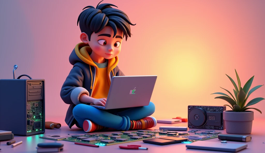 3d cinematic cartoon, "A young boy is sitting on the floor, fully engrossed in assembling a laptop. He is dressed casually in jeans and a jacket, surrounded by various hardware components spread out around him—motherboard, RAM, hard drive, and tools. The scene is focused and meticulous, capturing the boy’s concentration as he carefully pieces the laptop together. The background is simple, with no distractions, highlighting the dedication and skill involved in his task."