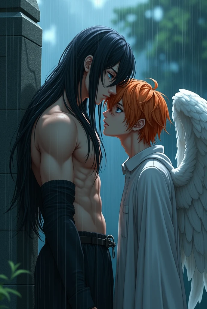 A guy with long black hair, gray eyes, Beautiful face, beautiful body, He sits leaning against a tombstone, It&#39;s raining, crying, A guy with orange hair and blue eyes is standing nearby., Beautiful face, beautiful body, Angel wings, protects from rain with its wing, anime art, realistically, super detail, masterpiece