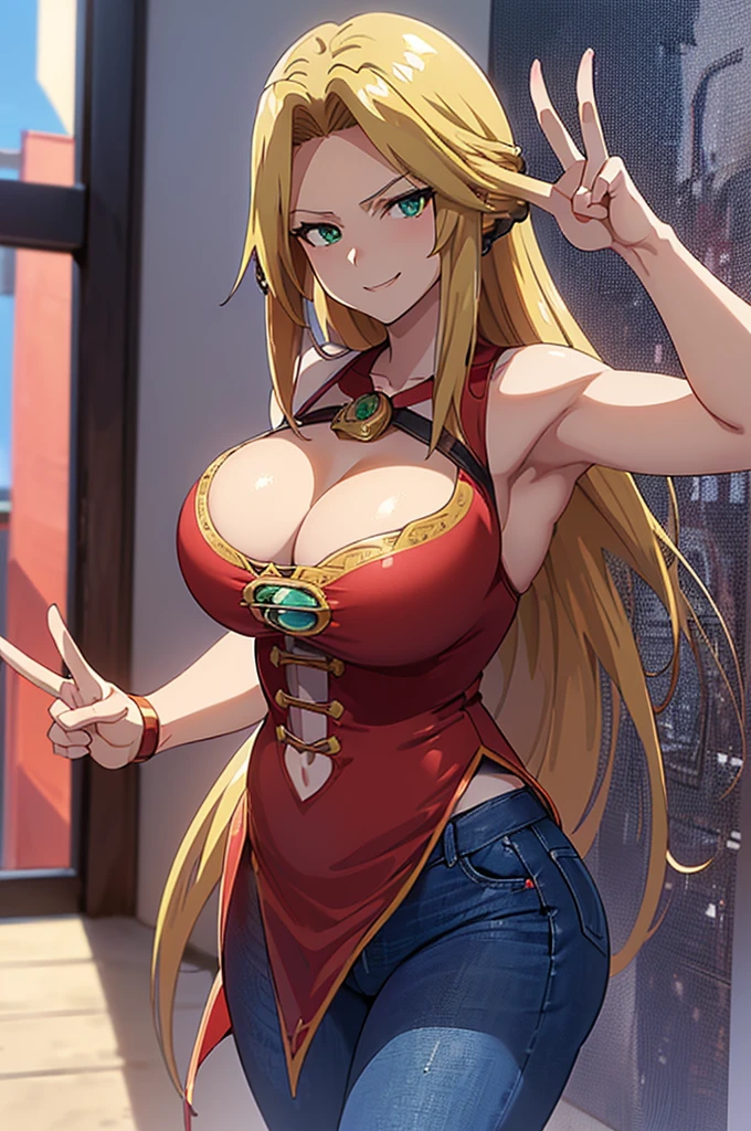 8k(small jeans,Red dress),8k(small jeans:1.3 )
Masterpiece(woman,Huge breasts,Huge breasts:1.５,とても唇が赤いHuge breastsを強調,Big Ass,Narrow waist,Long legs,Green Eyes Standing)
8k(((Anime Style,Henyohe 8k((Anime Style,A sloppy smile,What we are looking for,Face mischievous face,The facial expression is accurate)))))
8k(Staring at me)
8k((Focus on the face))
8k(衣装がTight fit)
8k(きれいなwoman)
8k(Tight fit)
8k(Model standing)
(Alice in Wonderland)
8k((Making a peace sign:1.7))