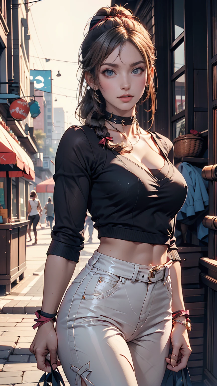 24-year-old woman、Attractive Young Woman, (Beautiful Face:1.1), Detailed eyes, Seductive lips, (eye make up:1.2), (Medium chest:1.0), (Toned body:1.2), Sexy proportions、Narrow waist、hair band((hair ribbon))、Braided ponytail((braided ponytail))、No sleeve、Choker on wrist, silver accessory、Low rise hot pants、Stiletto heels、Downtown