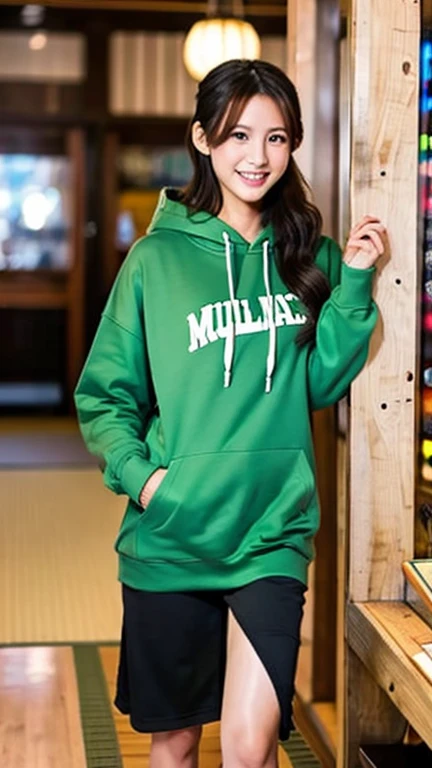 A Japanese milf, photo of one girl, Slender figure, Realistic teeth, wearing oversized hoodie, smile, full-body, masterpiece, best quality, detailed, beauty, Pub, indoor,