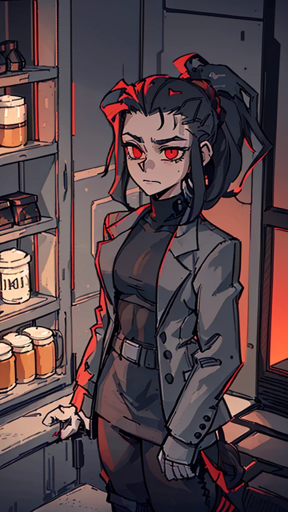(detailed), (((normal guy))), (Arabic characteristics), ((gray wool jacket)), ((pelo negro rizado Ponytail hairstyle)), ((Ponytail hairstyle)), (calm face), ((by the width)), ((coffee boots)), (((whole body))), ((in a cyberpunk room)), ((male)), (gray turtleneck sweater), ((only one person)), (at night), terror, ((eyes glowing red)), In the dark, red robot hands