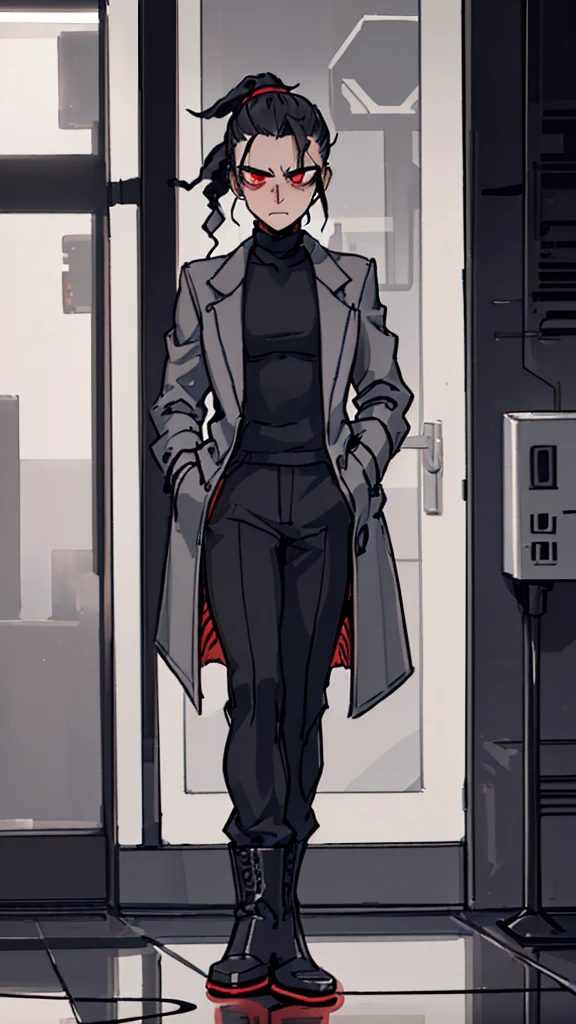 (detailed), (((normal guy))), (Arabic characteristics), ((gray wool jacket)), ((pelo negro rizado Ponytail hairstyle)), ((Ponytail hairstyle)), (calm face), ((by the width)), ((coffee boots)), (((whole body))), ((in a cyberpunk room)), ((male)), (gray turtleneck sweater), ((only one person)), (at night), terror, ((eyes glowing red)), In the dark, red robot hands