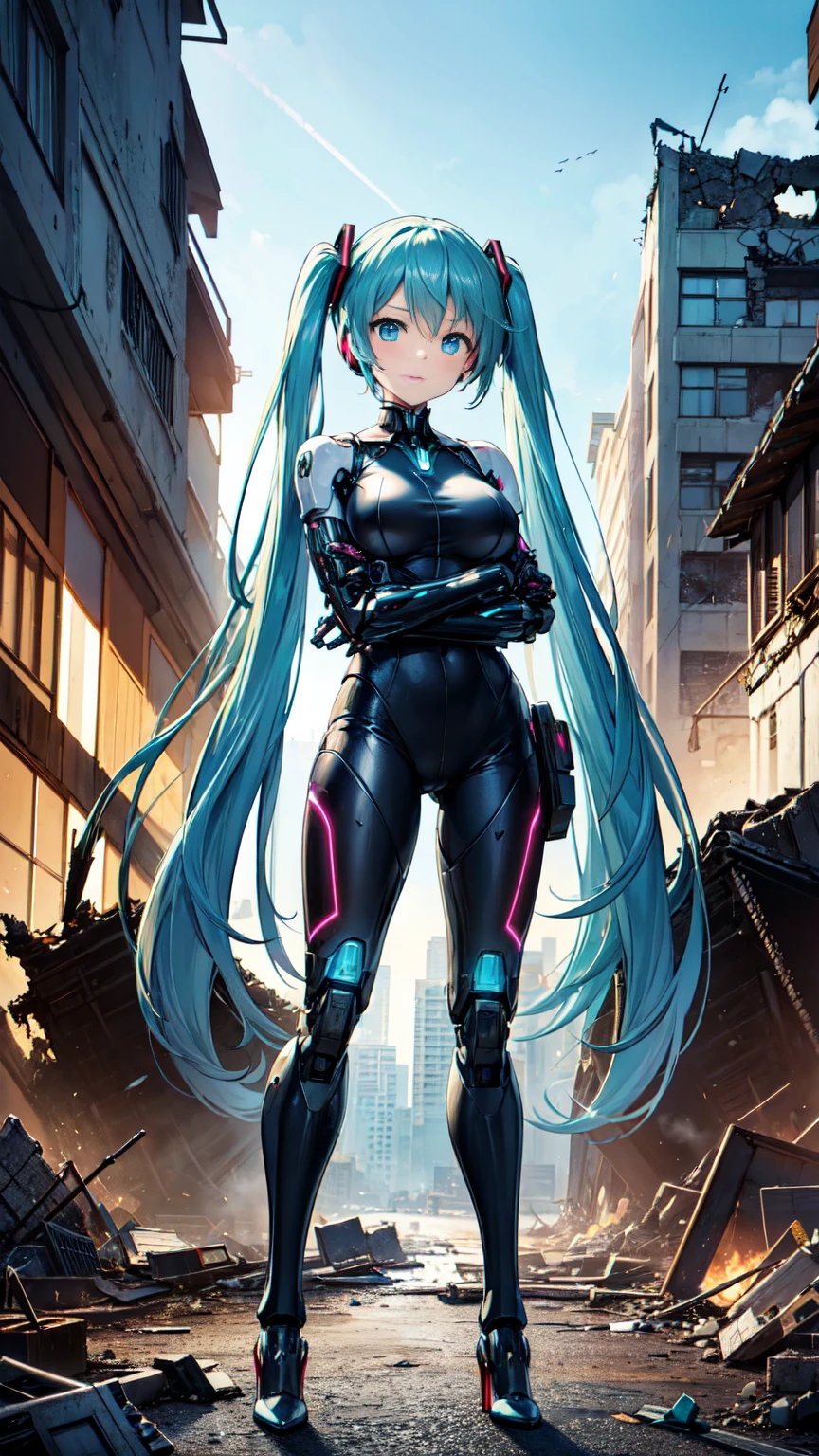 masterpiece、Highest quality、8K Hatsune Miku VOCALOID、Twin tails、Light blue hair、Bright Blue Eyes、Mecha Girl、Big Breasts、Ultimate toned physique、black tights、High heels, Highly sophisticated cyborg, Arms folded in front of the destroyed city, Bionic body with futuristic details. (Arms folded in front of the destroyed city、Highly sophisticated cyborg, Bionic body with futuristic details.)