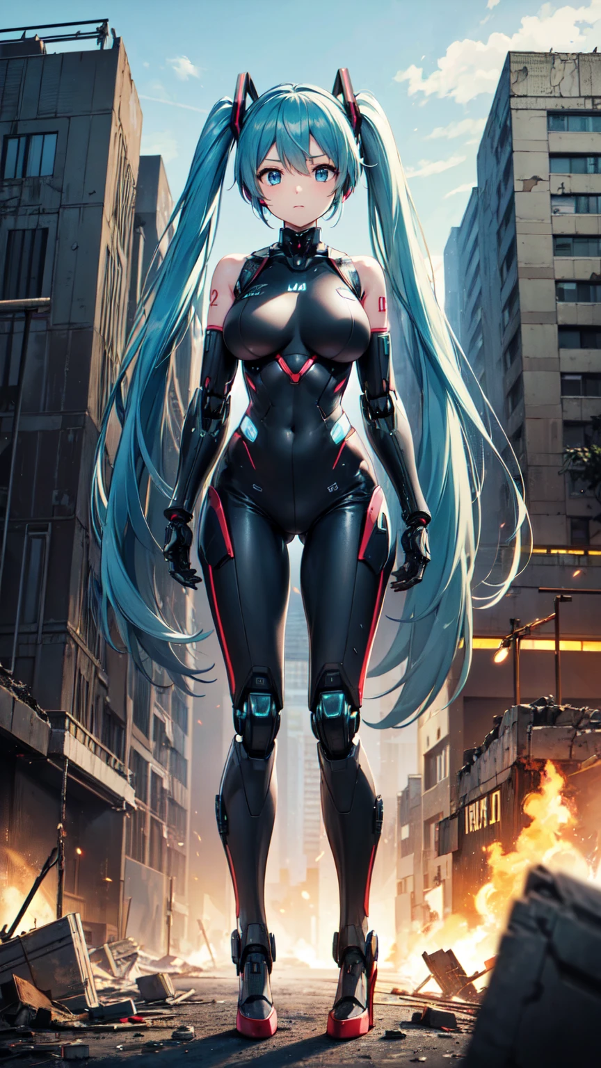 masterpiece、Highest quality、8K Hatsune Miku VOCALOID、Twin tails、Light blue hair、Bright Blue Eyes、Mecha Girl、Big Breasts、Ultimate toned physique、black tights、High heels, Highly sophisticated cyborg, Arms folded in front of the destroyed city, Bionic body with futuristic details. (Arms folded in front of the destroyed city、Highly sophisticated cyborg, Bionic body with futuristic details.)