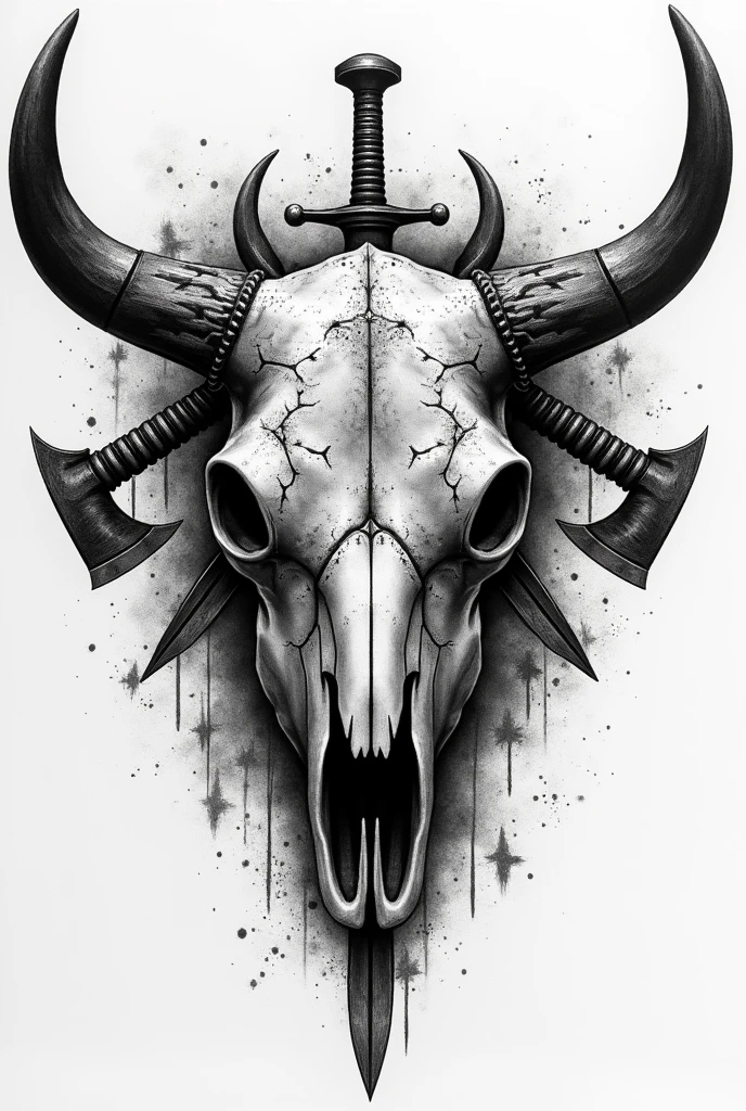 Create a black and white pointillism tattoo of a Viking cow skull with a warrior's face in pointillism and medieval weapons in pointillism warrior's face