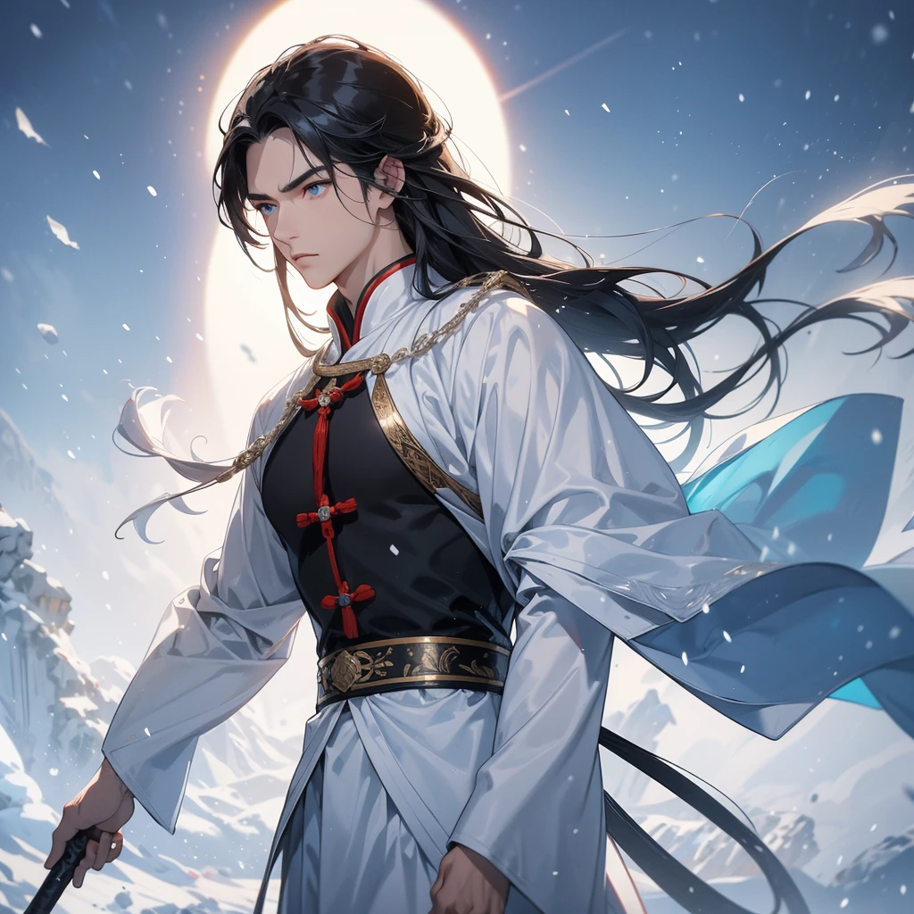 Handsome black-haired male general holding a large sword in ancient Chinese general costume, walking In the middle of a snowstorm, white snow is falling.. The sea is blue, the sky is clear, and there are low clouds. The sun shines and the sun rises. close up.