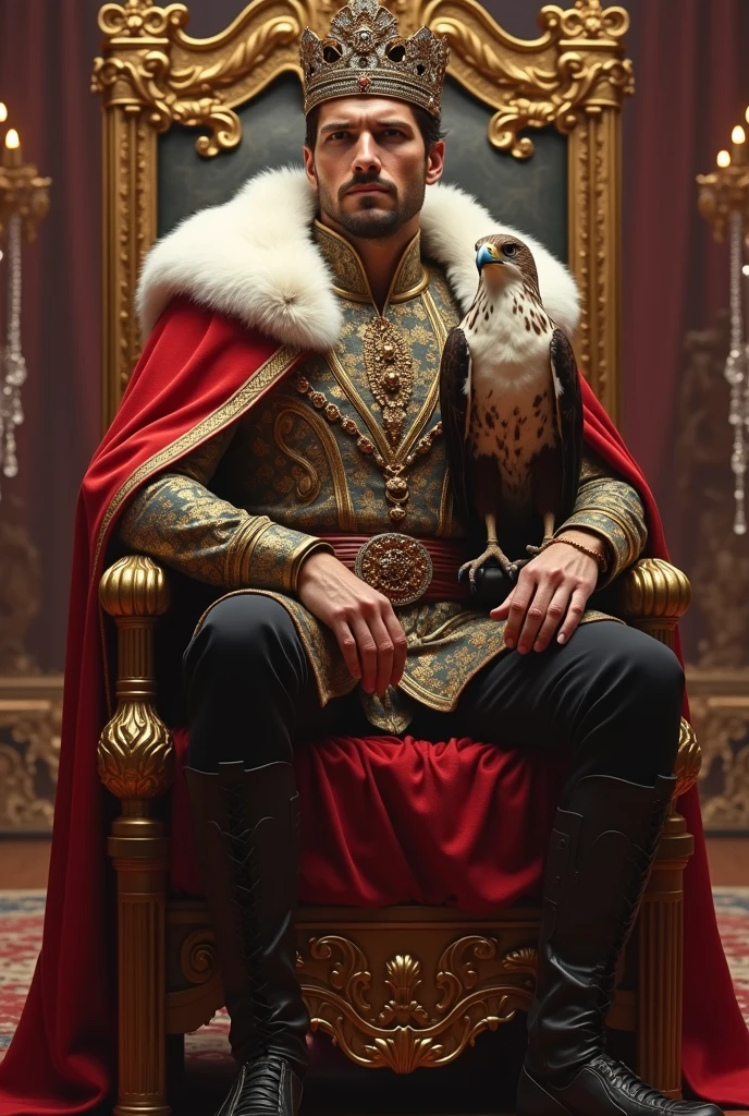 a powerful, handsome, and imposing emperor, with European features, and a serene and seductive countenance. wearing a crown, holding a scepter and sitting on a throne with a falcon.