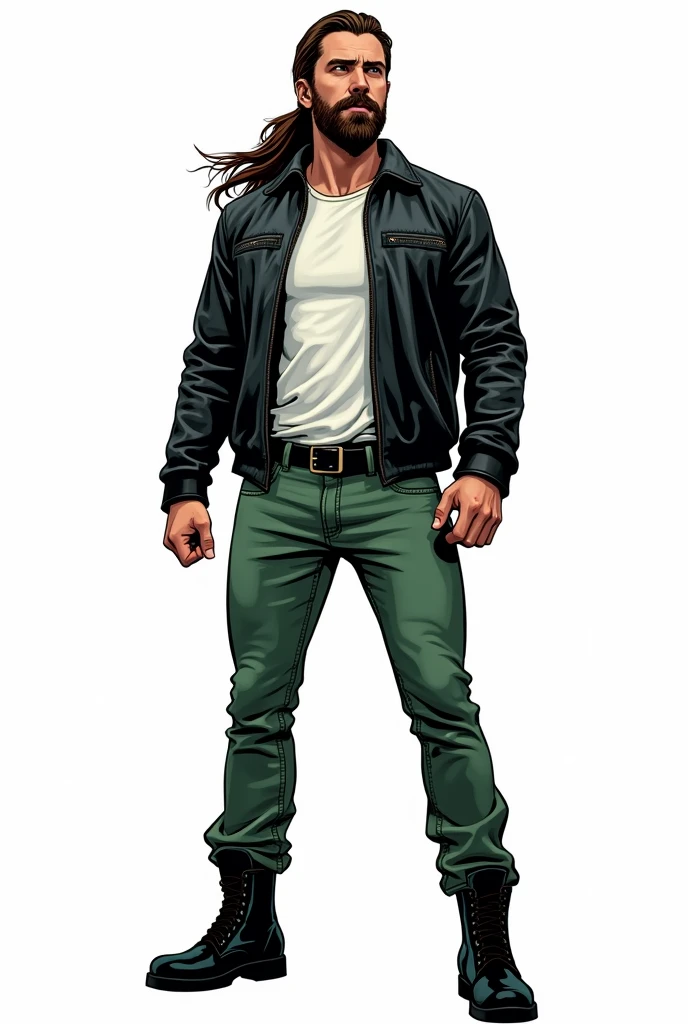 Create a comic book style drawing, bright coloured, high qualiy, a 35-year-old white man, 90 kilos, medium size, long dark brown hair tied in a ponytail, barba, black leather jacket, white undershirt, green jeans, Black boots, Apocalypse theme, drawing with perspective, Action scene, white background, fully body