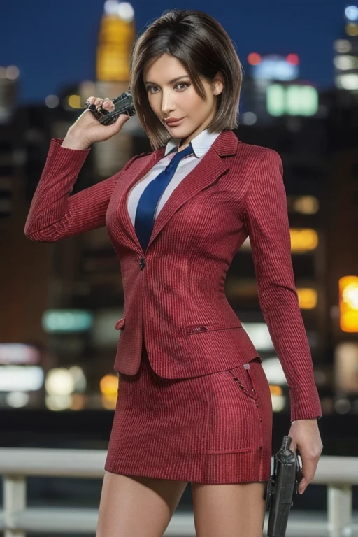 Highest quality,Ultra HD,8k,(Beautiful 30 year old Eurasian hitwoman), (Short bob silver hair 1.8), (Beautiful white skin), (Cool and sharp beauty), Red skirt suit 1.5, (((Three-piece suit))), (((Dress shirt))), (((Red tie))), Red blazer,(Thigh 1.2,Large Breasts), (((Red suit jacket))), Black shiny lapel, (((Bodycon mini skirt))), Tight Skirt, Barefoot 1.2,Cufflinks,((Red stiletto heels)), (Night city background), View from the front, Well-groomed and beautiful face 1.2, Dynamic pose, Ambient Lighting, Photographic realism, Intricate facial details, Exquisite handcrafted details, Very detailed, Vibrant colors, Cinematic, High resolution, Trendy style live on Artstation, Excited,(Holding a long-barreled revolver, not a pistol, in each hand, firing one at a time 1.3),Intense action scene fighting 1.3,Confident and focused expression,