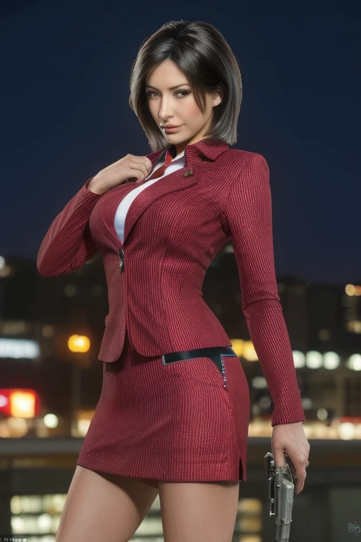 Highest quality,Ultra HD,8k,(Beautiful 30 year old Eurasian hitwoman), (Short bob silver hair 1.8), (Beautiful white skin), (Cool and sharp beauty), Red skirt suit 1.5, (((Three-piece suit))), (((Dress shirt))), (((Red tie))), Red blazer,(Thigh 1.2,Large Breasts), (((Red suit jacket))), Black shiny lapel, (((Bodycon mini skirt))), Tight Skirt, Barefoot 1.2,Cufflinks,((Red stiletto heels)), (Night city background), View from the front, Well-groomed and beautiful face 1.2, Dynamic pose, Ambient Lighting, Photographic realism, Intricate facial details, Exquisite handcrafted details, Very detailed, Vibrant colors, Cinematic, High resolution, Trendy style live on Artstation, Excited,(Holding a long-barreled revolver, not a pistol, in each hand, firing one at a time 1.3),Intense action scene fighting 1.3,Confident and focused expression,